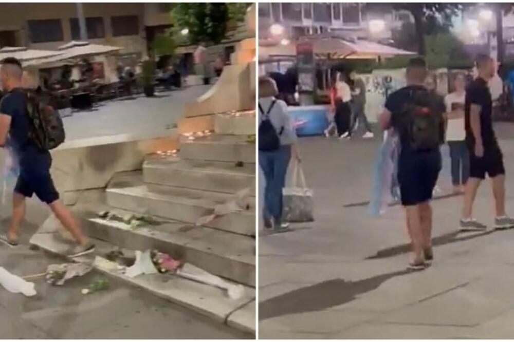 SRAMAN PRIZOR SA TRGA REPUBLIKE: Huligan u crnom šutirao cveće i sveće za ubijenu tiktokerku Nou Milivojev (VIDEO)